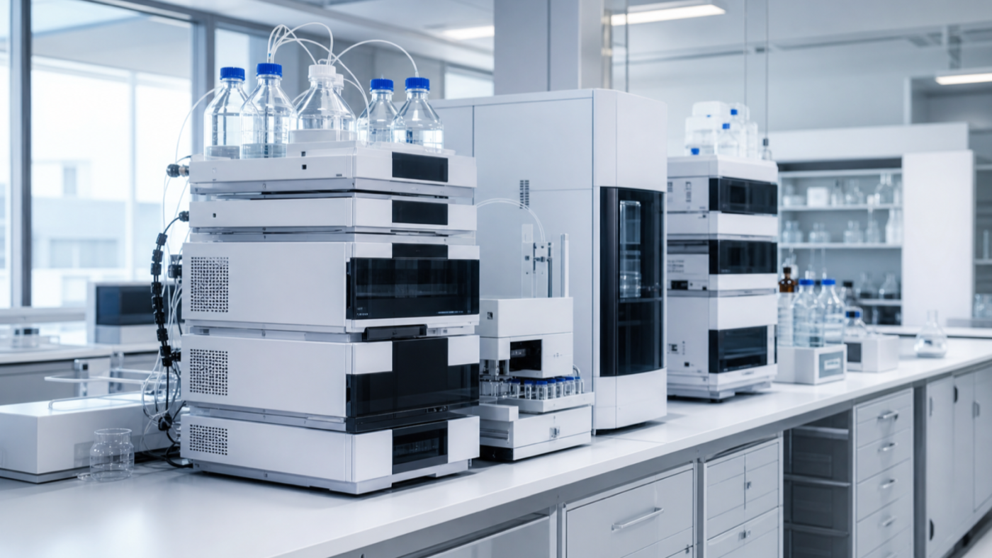 Modern analytical instrument bench with chromatography equipment