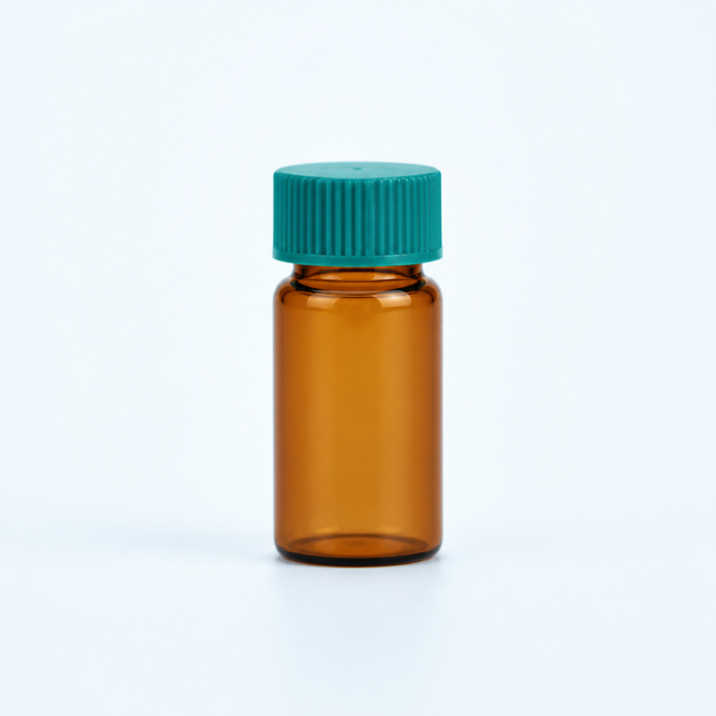 Amber laboratory sample vial with teal cap
