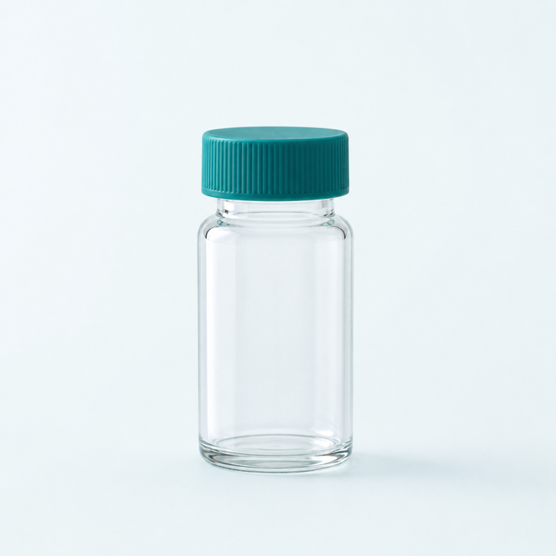 Clear laboratory sample vial with teal cap